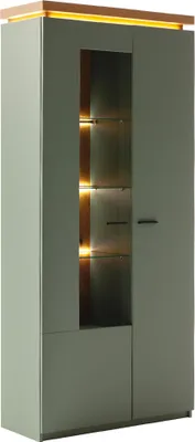 Produktbild von Esszimmer-Vitrinenschrank mit 88 cm Breite in Grün mit Eiche, 2 Türen, Glaseinsatz,LED-Beleuchtung - MOSTAR-05