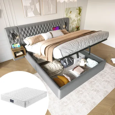Image de Ensemble complet pour chambre à coucher comprenant un lit rembourré 160 x 200 cm, 2 tables de chevet et un matelas – Lit à rangement hydraulique avec revêtement en velours, tête de lit avec lampe de lecture et port USB, gris