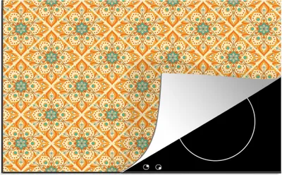 Produktbild von KitchenYeah© Herdabdeckplatte Mandala - Boho - Blumen - Orange - Muster , 81x52cm, Küche Deko, Glaskeramikkochfeld Herdabdeckung, Abdeckplatte fùr Kochfeld