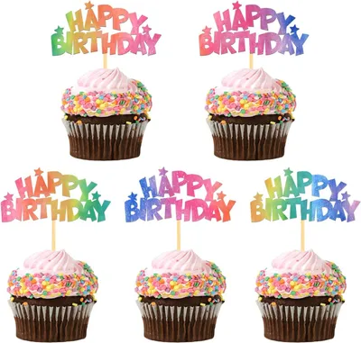 Immagine prodotto di Decorazioni scintillanti per cupcakes di compleanno - Set da 24 - "Buon Compleanno"