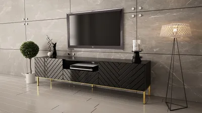 Produktbild von TV-Schrank GALA 190 cm Glamour Modern RTV-Kommode Fernsehschrank TV-Lowboard Schwarz mit Goldene Rahmen