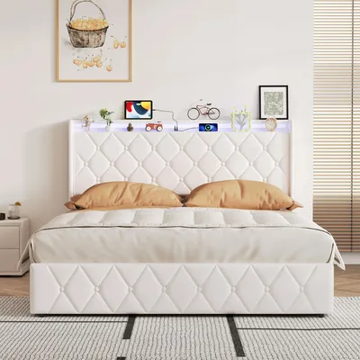 Immagine prodotto di Letto imbottito - Letto matrimoniale 140x200 cm - Spazio contenitore con sistema idraulico - Rivestimento in velluto - Testiera - Struttura a listelli - Colore beige