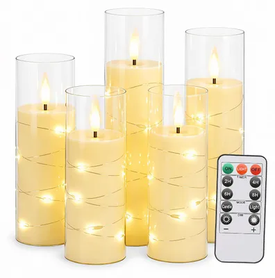 Image de Eikuavons : ensemble de 5 bougies LED avec guirlande lumineuse et télécommande, sans flamme, lumière blanche chaude, avec des gobelets en acrylique transparent