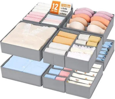 Obrázek produktu pro Sada šedých látkových organizérů, 12dílná, úložná krabička na ponožky a dětské oblečení