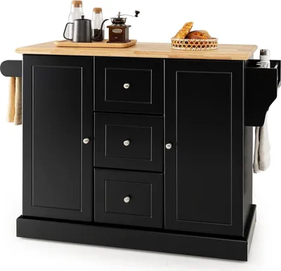 A black kitchen cart with a wooden top is shown against a white background.