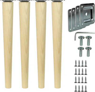 A set of four wooden furniture legs and associated mounting hardware, including metal plates and screws, are displayed against a white background.
