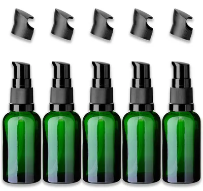 Produktbild von 5x Grüne Glasflasche 30 ml mit schwarzer Pumpe Dispenserpumpe 18/415