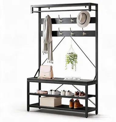 Imagen del producto de Perchero con banco integrado, 8 ganchos, barra para colgar ropa, color