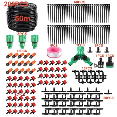 Productafbeelding van Druppelirrigatie 200 stuks - Tuinbewateringssysteem - Micro-druppelsysteem - Automatische sproeier - Eenvoudige installatie - Slanglengte 50 m - Tuinbewatering