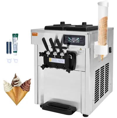 Image de Machine à glace commerciale VEVOR 18-28 L/h, 3 parfums, machine à glace italienne, 2 entonnoirs de 5,5 L, panneau LCD, pré-refroidissement automatique, nettoyage, pour yaourt, café, snack-bar, restaurant