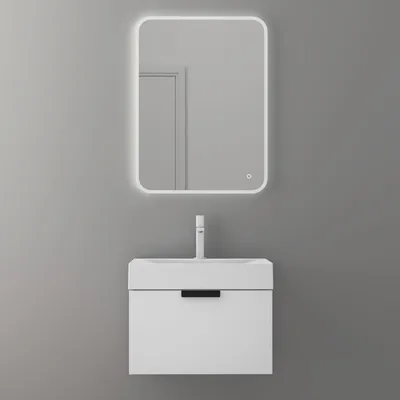 Image de doporro Meuble de Salle de Bain Suspendu 60x48x45cm Blanc Mat Ensemble de 3 Pièces Meuble avec Lavabo Solid Surface et Led Miroir Design Lonato