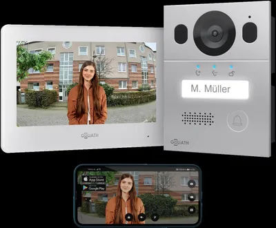 Produktbild von GOLIATH Video Türsprechanlage, 2-Draht-Bus, 7-Zoll-Monitor, Aufputz-Türklingel mit Kamera, Gegensprechanlage, Türöffner, Plug & Play, AV-BLS-01A