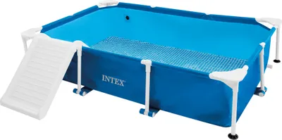 An empty rectangular swimming pool with a ladder and a solar cover.