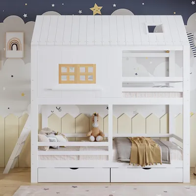 Obrázek produktu pro okwish patrová postel 90×200 pro děti se 2 zásuvkami a lamelovým roštem, patrová postel ve tvaru domečku s oknem a střechou, bílá + přírodní (bez matrace)