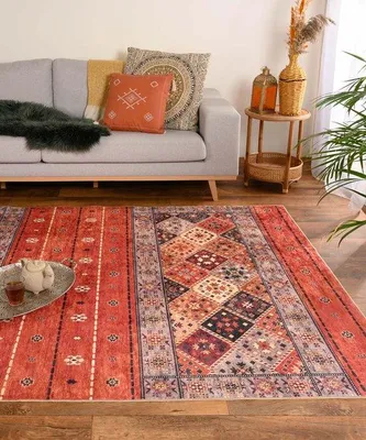 Productafbeelding van Unyqoos® Wasbaar retro vloerkleed Moderna – Terracotta, 240x340 cm, polyester, wasbaar op 30°C, antislip onderkant, subtiele glans