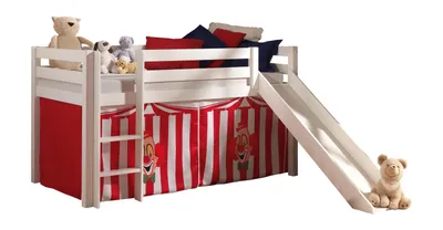 Produktbild von Vipack Spielbett Pino mit Rutsche und Textilset "Zirkus" - Kiefer massiv weiss lackiert, Maße: 210 cm x 114 cm x 218 cm; PICOHSGB1472