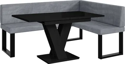 Produktbild von MEBLINI Eckbank für Esszimmer mit ausziehbarem Tisch - Küchenbank - Essecke - Sitzecke Küche - TONI - U-Beine 128x168x87cm Rechts - Grau Samt/M Schwarz Hochgl.