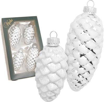 Krebs Glas Lauscha Tannenzapfen 4er Set Silber - glitzernder Baumschmuck in Tannenzapfen Form - 21522