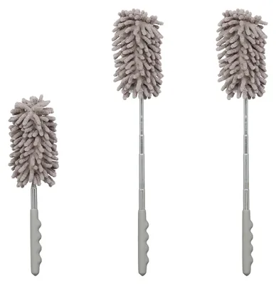 Obrázok produktu pre Relaxdays Sada 3 prachoviek, teleskopická tyč s dĺžkou až 77 cm, umývateľná mikrovlákna, do auta a domácnosti, prachovka, sivá