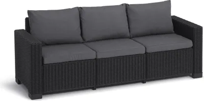 A three-seater sofa with dark grey cushions and a black woven frame, presented on a white background.