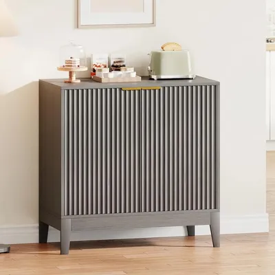 Image de Buffet moderne à façades rainurées - Buffet avec rangements - 80 cm - Bois massif et MDF - Pour le salon et la cuisine - Gris