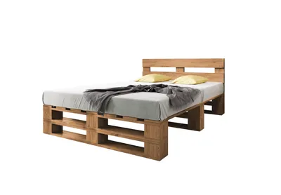 Produktbild von Lermowood Palettenbett M2 180 x 200 cm mit Kopfteil Eiche Holzbett Massivholzbett Bett aus Paletten Seniorenbett Kinderbett Jugendbett