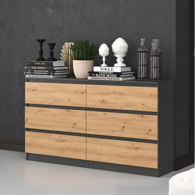Image de Commode, chambre à coucher couloir, armoire, sideboard, highboard avec 6 tiroirs, largeur 140 cm hauteur 75 | Anthracite Artisan