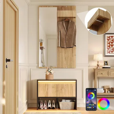 Produktbild von Merax Garderobenset, Garderobe mit Spiegel, Kleiderständer, Schuhbank, 2 Schubladen, Haken, Wandgarderobe, Garderobenständer, Flurmöbel, Natur+Schwarz