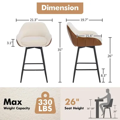 Immagine prodotto di Set di 2 sgabelli da bar - Sgabelli girevoli - Altezza seduta 66 cm - Seduta e schienale imbottiti - Tessuto Sherpa - Gambe in metallo - Ideali per isole cucina e banconi - Colore: bianco