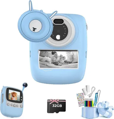 Image de ZELURXX Appareil photo pour enfants, 30 MP, WLAN (Wi-Fi), HD 1080P, appareil photo instantané, appareil photo numérique selfie, 11 x 9,5 x 4,6 cm, bleu
