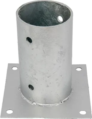 A galvanized steel post base with a square flange and a cylindrical socket, featuring pre-drilled holes.