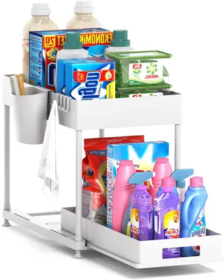 Produktbild von Unter Waschbecken Regal, Ablageregal, Küchenschrank Organizer, Spülschrankregal, mit Schiebeschublade, 4 Haken und 1 TassenSpülschrank Organizer, Bad