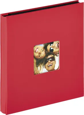 A red photo album with a small window showing three people.