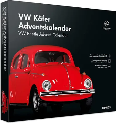 Image de FRANZIS 55255 - VW Coccinelle Calendrier de l'Avent rouge, kit de modèle réduit en métal à l'échelle 1:43, module sonore et livre d'accompagnement de 52 pages inclus