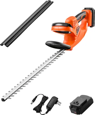 A cordless electric hedge trimmer and its accessories are displayed against a white background.