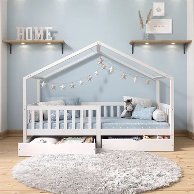 Produktbild von Hausbett ELEA aus massiver Kiefer, Kinderbett mit Rausfallschutz 90x200cm, Spielbett mit Dach in weiß
