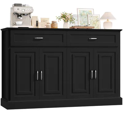 Image de Buffet de 140 cm de largeur, meuble de cuisine avec plan de travail, couleur noire, dimensions : 140 x 39,5 x 92,5 cm
