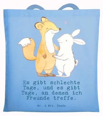 Produktbild von Mr. & Mrs. Panda Tote Bag Fuchs Hase Freunde treffen - Sky Blue - Geschenk, Stoffbeutel, Laptoptasche, Uni Tasche, Schultasche, Jutebeutel