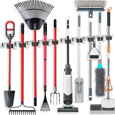 Produktbild von Besenhalter zur Wandmontage Besenhalterung Edelstahl Wand Besen Mop Halter mit 5 Regale mit 4 Haken Besen-Organizer