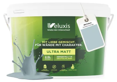 Produktbild von Wandfarbe Blau Hellblau Petrol Matt Innenfarbe – Deckkraft Klasse 1, VOC-frei, Ohne Grundierung, Tropfarm – Wohnzimmer & Schlafzimmer – 2,5L – Veluxis (Detailed Duck Egg)