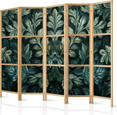 A five-panel room divider with a dark green botanical leaf pattern and a light wood frame, shown against a white background.