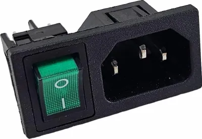 Produktbild von Kaltgeräte-Steckverbinder C-14 10A/250V, mit grünem 4-Pin Schalter 6A/250V, Bel.