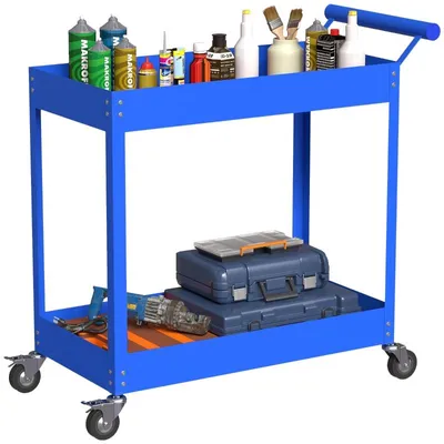 Produktbild von Doppelstöckiger Werkstattwagen – Werkzeugwagen – mit seitlichen Griffen und feststellbaren Rollen – geeignet für Garagen – 84,5 x 38 x 84 cm – blau