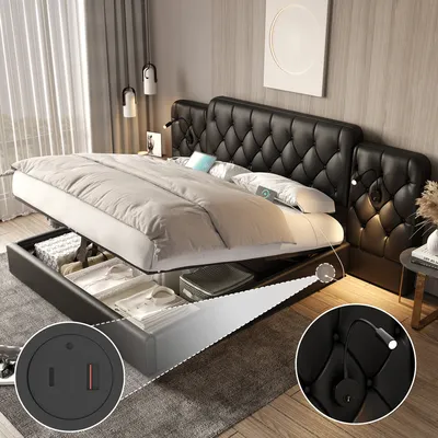 Produktbild von LVHOM Čalúnená posteľ 180x200 cm s lampičkami na čítanie a USB, hydraulická skriňová posteľ s podnožou, manželská posteľ v imitácii kože, funkčná posteľ, čierna