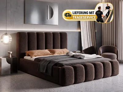 Produktbild von Polsterbett VELARO 180x200 cm mit Bettkasten, Stauraum und Metall-Lattenrost – Bouclé Stoff Braun