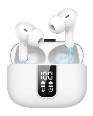 A pair of white wireless earbuds and their charging case are displayed against a white background. The charging case has a digital display showing battery status and indicators for left and right earbuds.