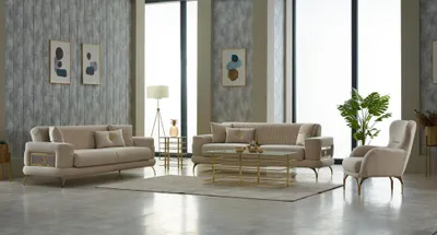 Produktbild von Sofagarnitur Dreisitzer Sofa Stoffsofa Polstersofa Beige Sessel 3tlg