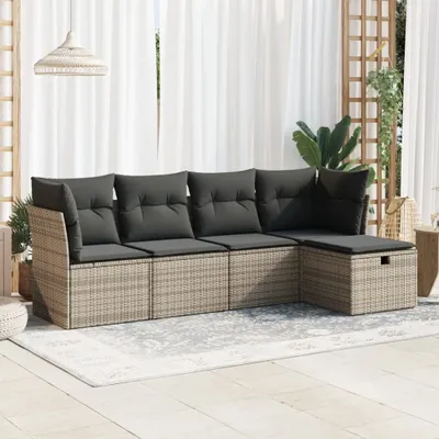 Produktbild von Design 5-tlg. Garten-Sofagarnitur mit Kissen Grau Poly Rattan, Gartenmöbel-Sets 2024 Neu