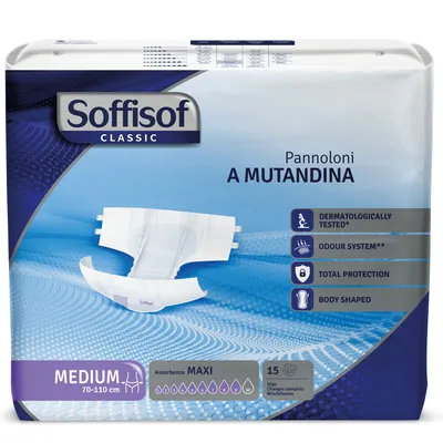 Immagine prodotto di 15x Soffisof Classic Maxi M – Pannoloni per Anziani e adulti – 1 confezione da 15 Pannoloni con adesivi, 9 gocce