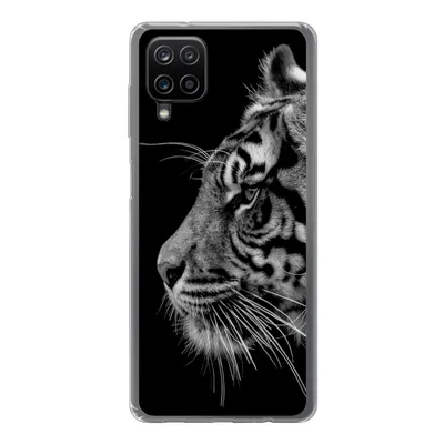 Produktbild von MuchoWow® Handyhülle Schutzhülle Hülle für Samsung Galaxy A12 Tiger auf schwarzem Hintergrund in schwarz und weiß Silikon Softcase Handy Hülle - Bild